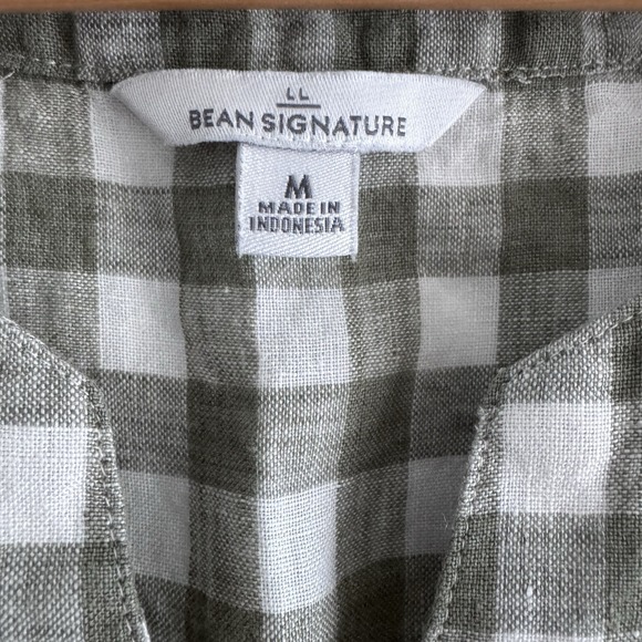 L.L.Bean Signature Linen Split-Neck Shirt Size Medium Green Gingham - Picture 2 of 7